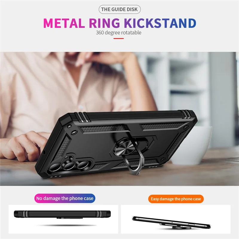 For Samsung Galaxy A16 5G / A16 4G Case PC+TPU Phone Cover with Rotary Ring Kickstand - Black