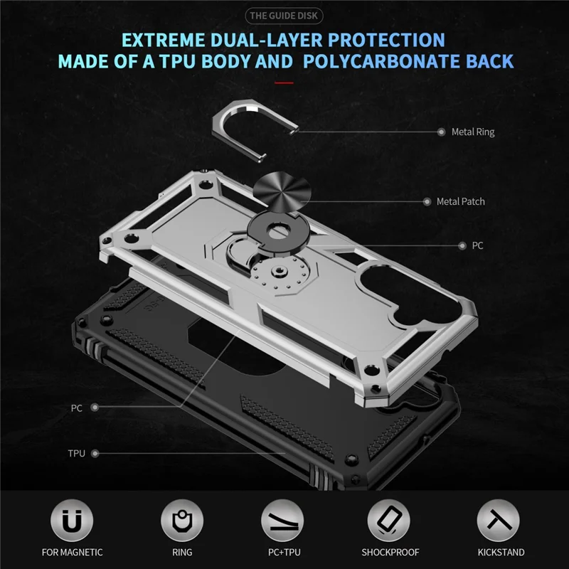 For Samsung Galaxy A16 5G / A16 4G Case PC+TPU Phone Cover with Rotary Ring Kickstand - Silver