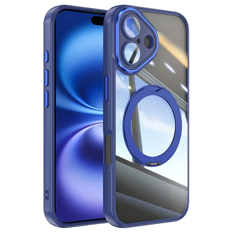 Pour Iphone 16 Case Rotatif de Rotation de Kickstand Tpu + Couverture de Téléphone pc Avec Film D'objectif - Bleu