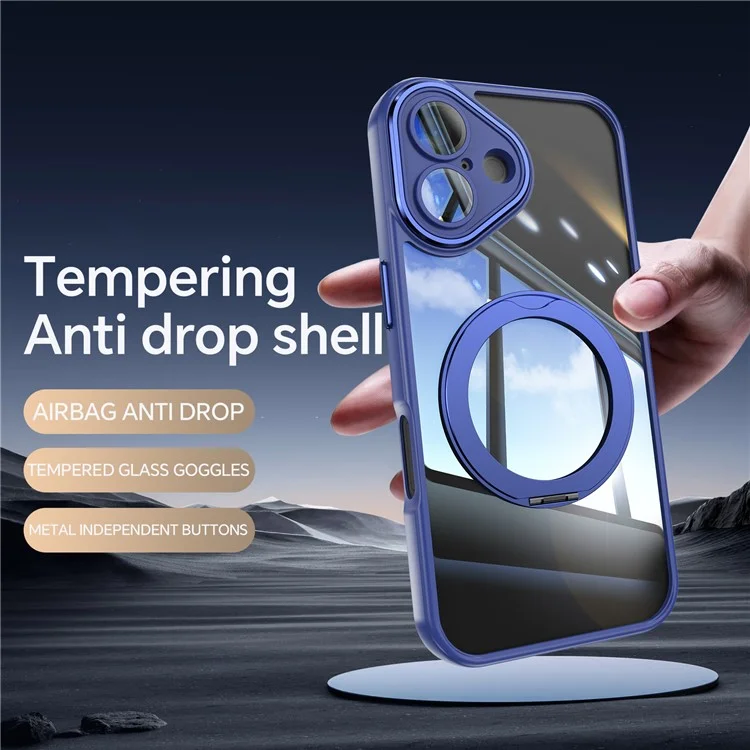 Pour Iphone 16 Case Rotatif de Rotation de Kickstand Tpu + Couverture de Téléphone pc Avec Film D'objectif - Bleu