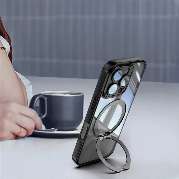 Für Iphone 16 Pro Case Rotatable Magnetic Kickstand TPU+PC -telefonabdeckung Mit Linsenfilm - Schwarz