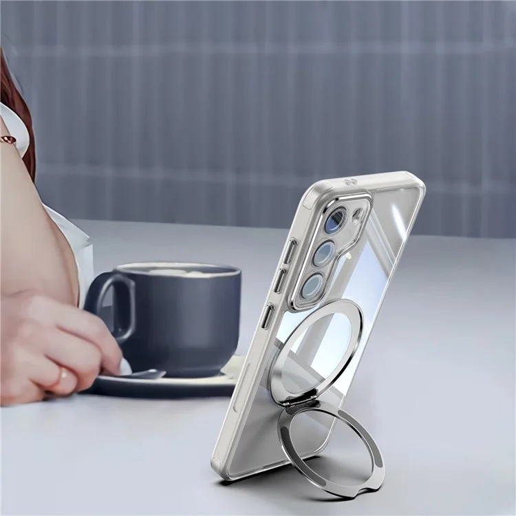 Für Samsung Galaxy S23 Case Rotatable Magnetic Kickstand TPU+PC -telefonabdeckung Mit Linsenfilm - Transparent Weiß