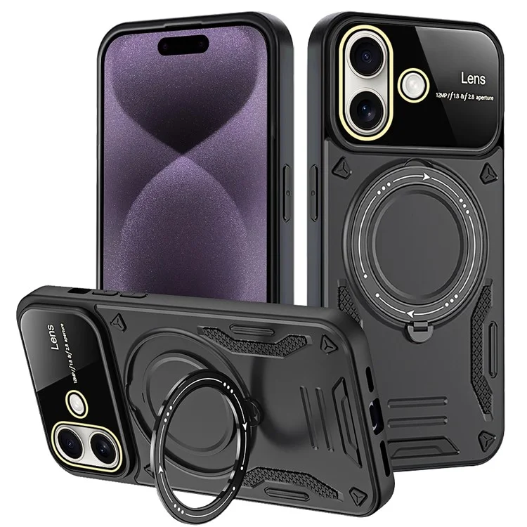 Для Iphone 16 Case Roating Magnetic Kickstand PC+TPU Chop Phone Cople - Черный