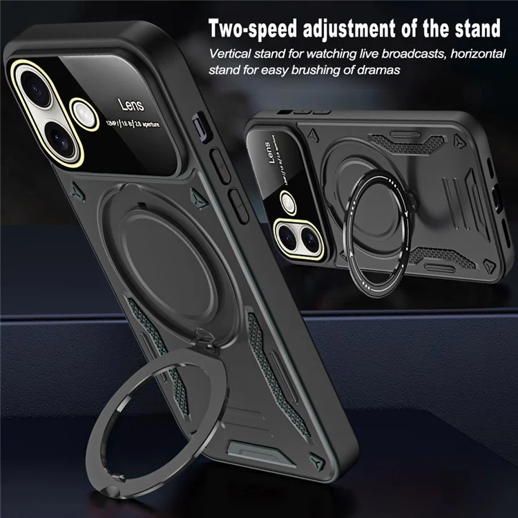 Для Iphone 16 Case Roating Magnetic Kickstand PC+TPU Chop Phone Cople - Черный