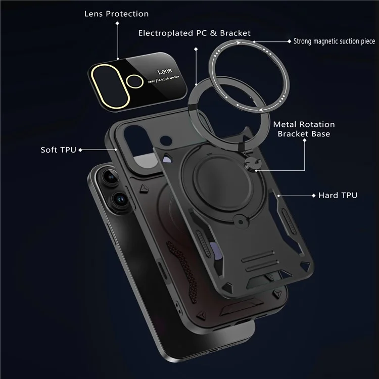 Для Iphone 16 Case Roating Magnetic Kickstand PC+TPU Chop Phone Cople - Черный