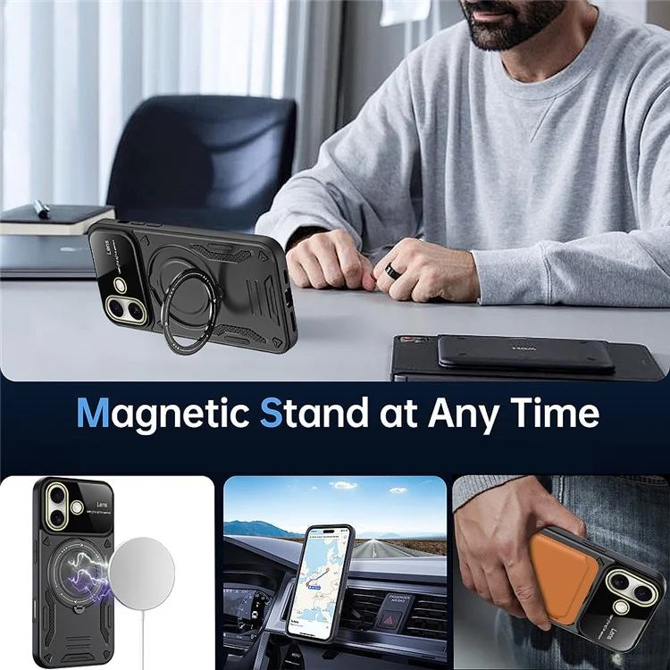 Для Iphone 16 Case Roating Magnetic Kickstand PC+TPU Chop Phone Cople - Черный