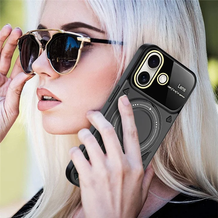Для Iphone 16 Case Roating Magnetic Kickstand PC+TPU Chop Phone Cople - Черный
