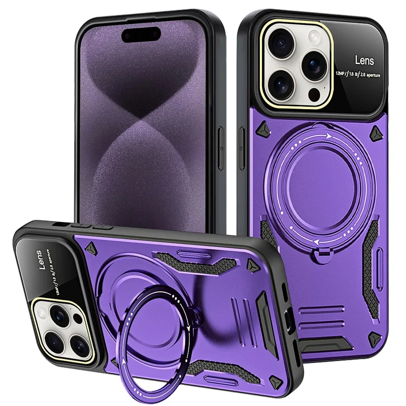 For iPhone 16 Pro Case Rotating Magnetic Kickstand PC+TPU Phone Cover - Purple