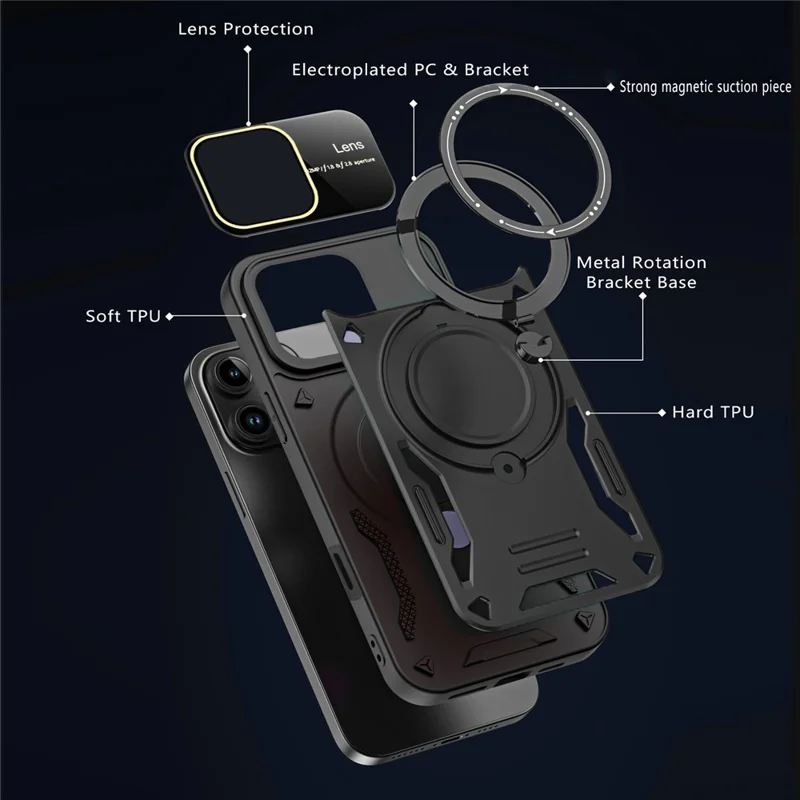 For iPhone 16 Pro Case Rotating Magnetic Kickstand PC+TPU Phone Cover - Purple