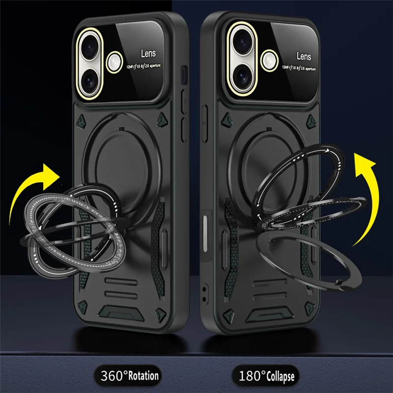 Pour Iphone 16 Plus Case Rotation Magnetic Kickstand pc + Tpu Téléphone - Noir