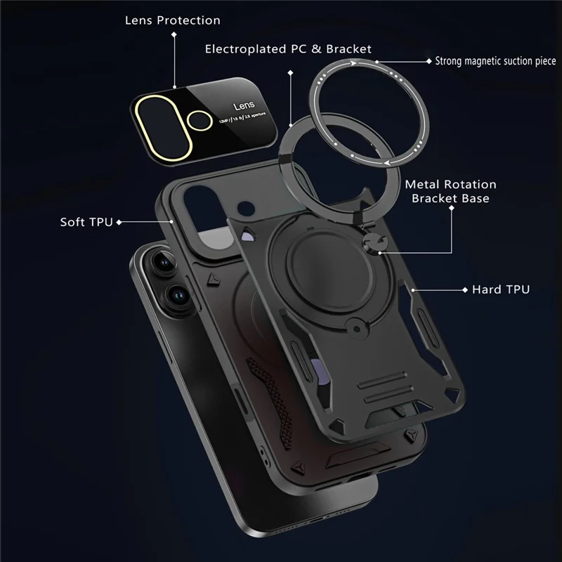 Pour Iphone 16 Plus Case Rotation Magnetic Kickstand pc + Tpu Téléphone - Noir