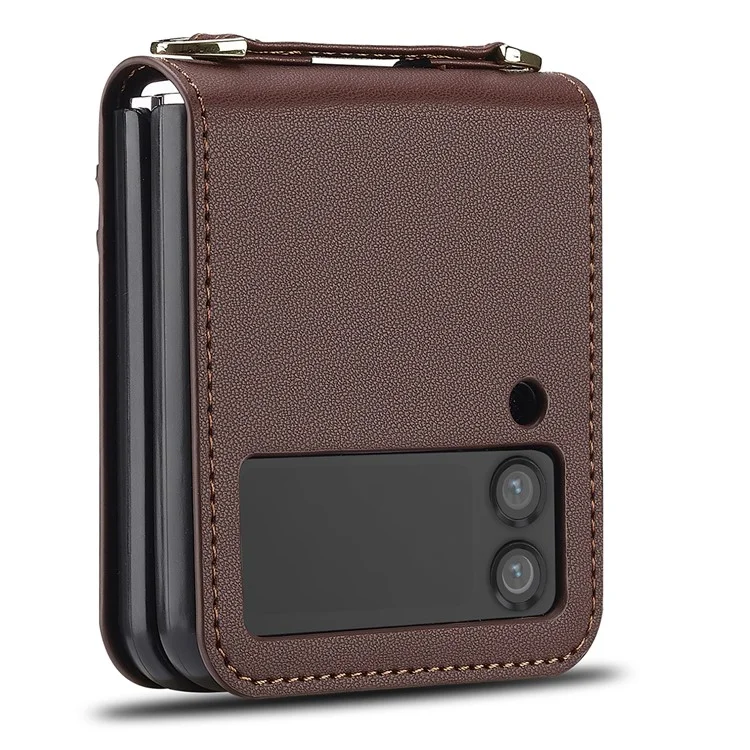 LC.IMEEKE for Samsung Galaxy Z Flip4 5G Case Leather+PC Phone Cover with Straps Card Slots - Brown