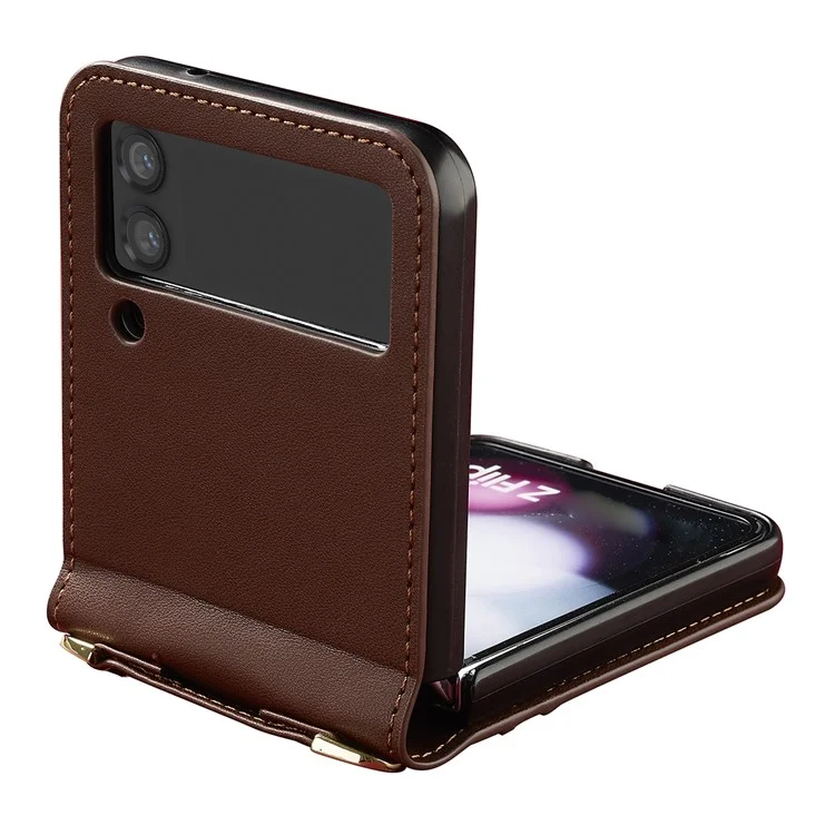 LC.IMEEKE for Samsung Galaxy Z Flip4 5G Case Leather+PC Phone Cover with Straps Card Slots - Brown