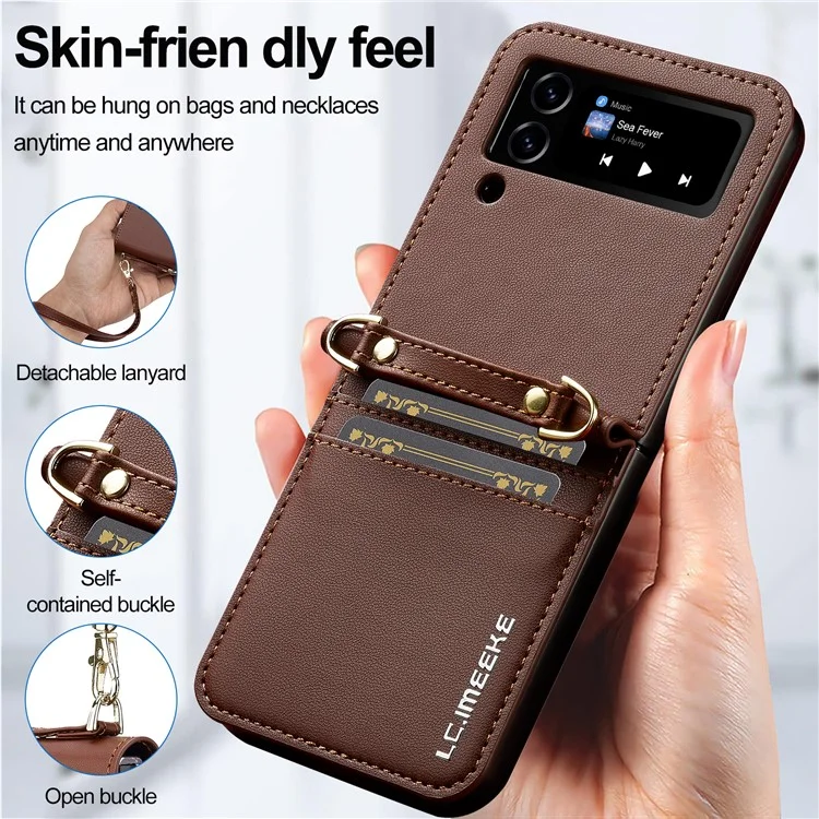 LC.IMEEKE for Samsung Galaxy Z Flip4 5G Case Leather+PC Phone Cover with Straps Card Slots - Brown