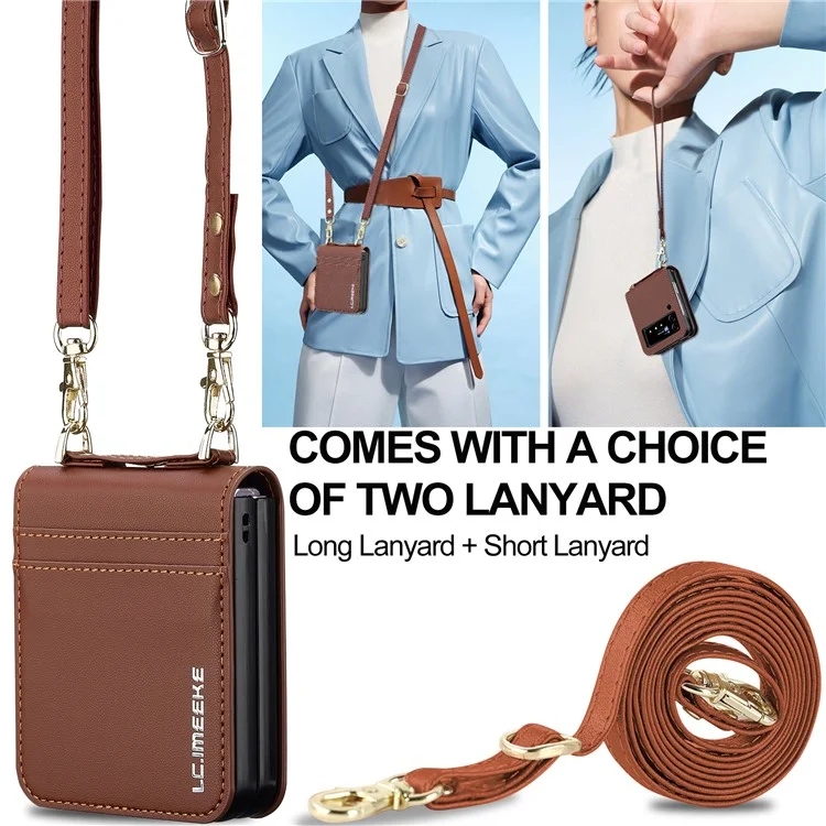 LC.IMEEKE for Samsung Galaxy Z Flip4 5G Case Leather+PC Phone Cover with Straps Card Slots - Brown