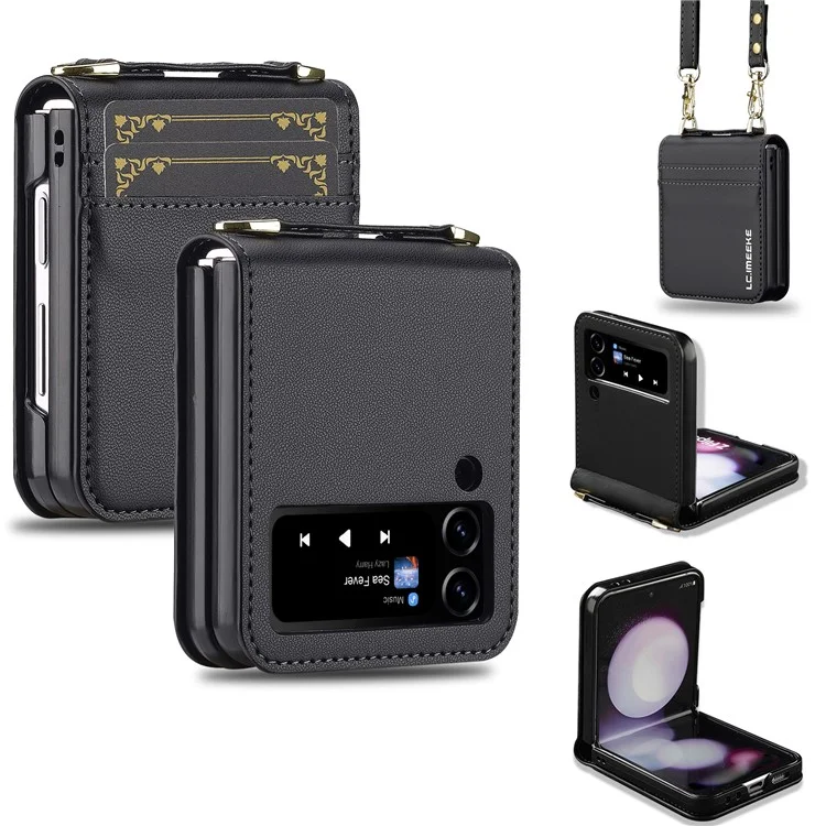 Lc. Imeeke Pour Samsung Galaxy Z Flip3 5G Étui en Cuir + Couvercle de Téléphone pc Avec Des Sangles de Cartes - Noir