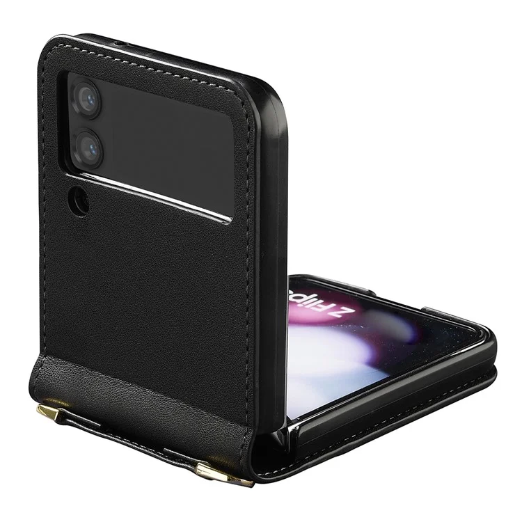 Lc. Imeeke Pour Samsung Galaxy Z Flip3 5G Étui en Cuir + Couvercle de Téléphone pc Avec Des Sangles de Cartes - Noir