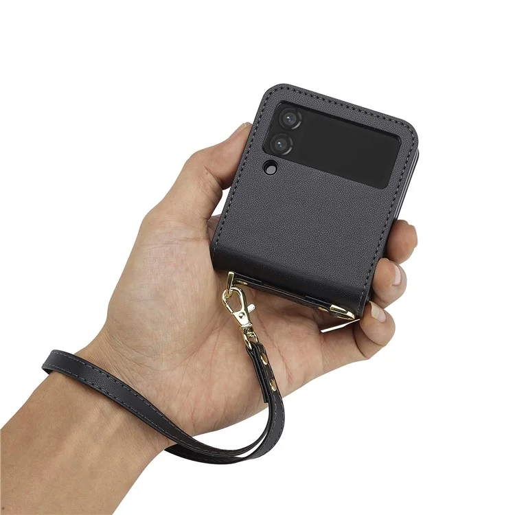 Lc. Imeeke Pour Samsung Galaxy Z Flip3 5G Étui en Cuir + Couvercle de Téléphone pc Avec Des Sangles de Cartes - Noir