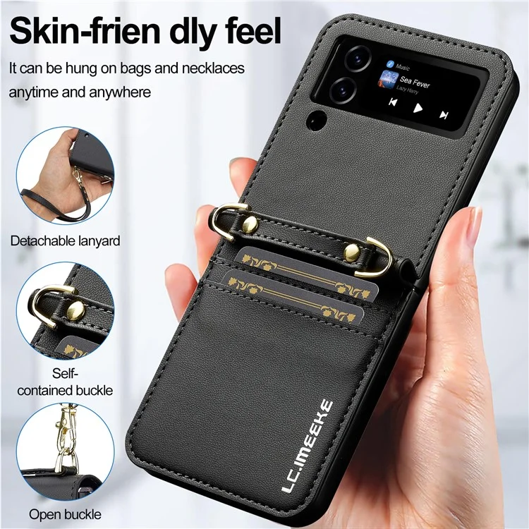 Lc. Imeeke Pour Samsung Galaxy Z Flip3 5G Étui en Cuir + Couvercle de Téléphone pc Avec Des Sangles de Cartes - Noir