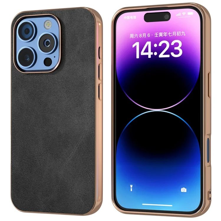 Para Iphone 16 Pro Max Case Electroplatando Teléfono Cover Textura PU+TPU Caso de Protección - Negro