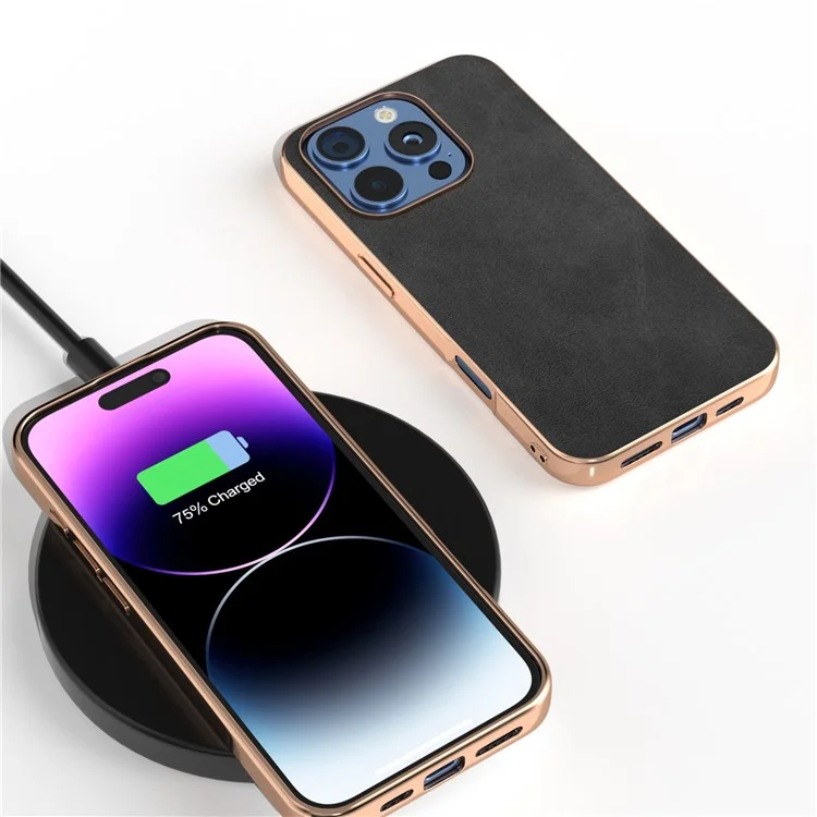 Para Iphone 16 Pro Max Case Electroplatando Teléfono Cover Textura PU+TPU Caso de Protección - Negro