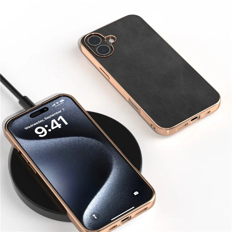 Per Iphone 16 Plus Case Electroplating Telefono Copertina di Texture di Mucca Pu+custodia Protettiva Tpu - Nero