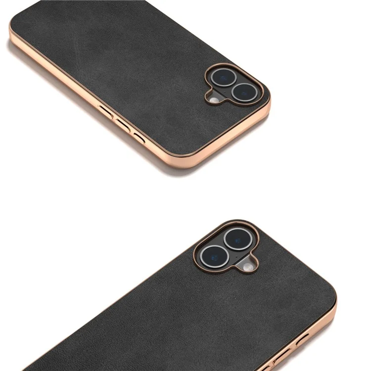 For iPhone 16 Case Electroplating Phone Cover Cowhide Texture PU+TPU Protective Case - Black