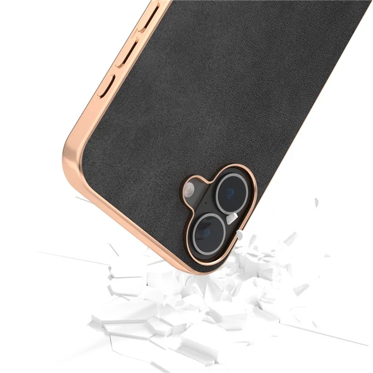 For iPhone 16 Case Electroplating Phone Cover Cowhide Texture PU+TPU Protective Case - Black