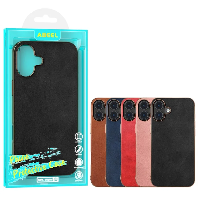 For iPhone 16 Case Electroplating Phone Cover Cowhide Texture PU+TPU Protective Case - Black