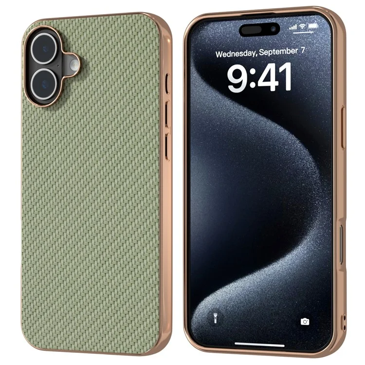 Per Iphone 16 Case Elettroplatante Copertura Telefonica Fibra di Carbonio Texture PU+TPU Custodia Protettiva - Verde