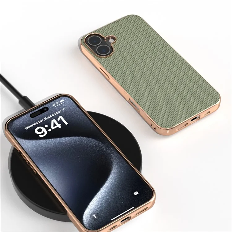 Per Iphone 16 Case Elettroplatante Copertura Telefonica Fibra di Carbonio Texture PU+TPU Custodia Protettiva - Verde