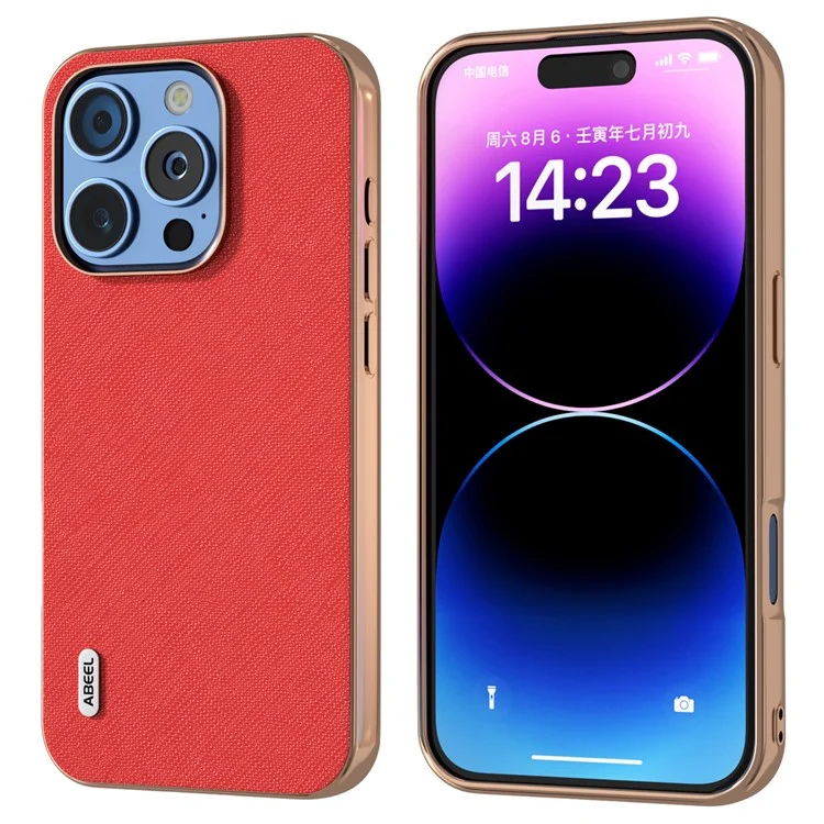 ABEEL For iPhone 16 Pro Max Case Electroplating Phone Cover Cross Texture Genuine Cow Leather+TPU Protective Case - Red