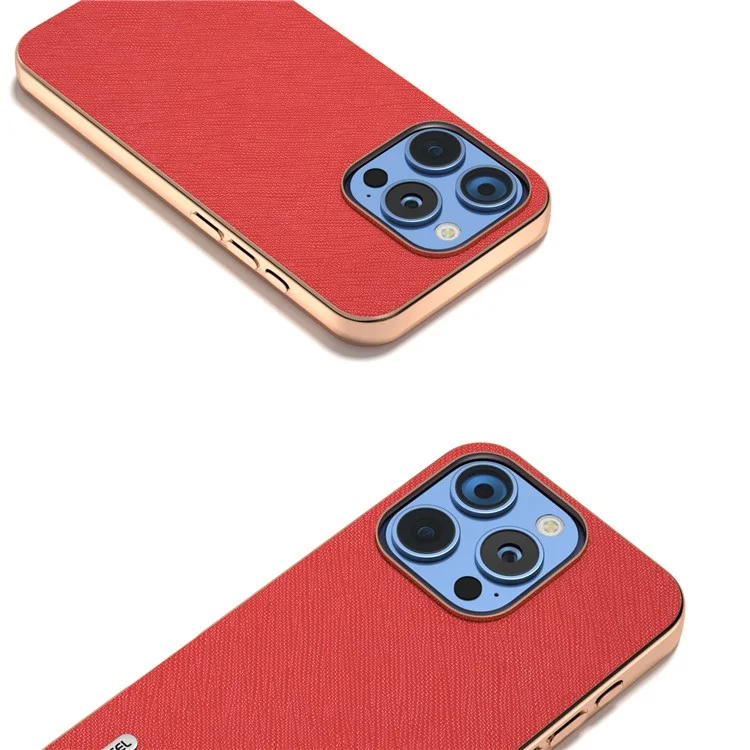 ABEEL For iPhone 16 Pro Max Case Electroplating Phone Cover Cross Texture Genuine Cow Leather+TPU Protective Case - Red