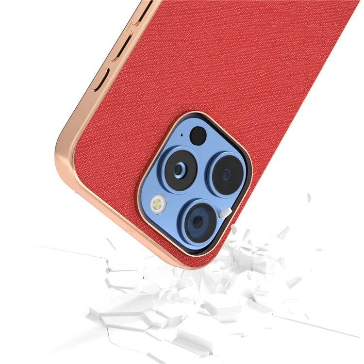ABEEL For iPhone 16 Pro Max Case Electroplating Phone Cover Cross Texture Genuine Cow Leather+TPU Protective Case - Red