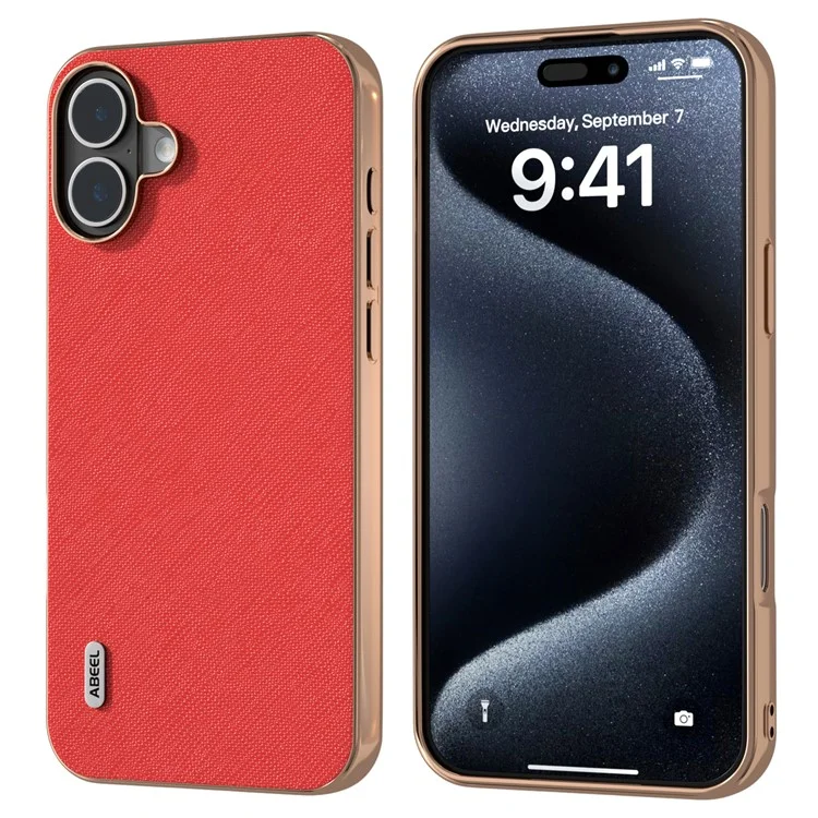 Abeel Para Iphone 16 Case Electroplatando Teléfono Textura Cruzada de Cuero de Vaca Genuina+tpu Protective Case - Rojo