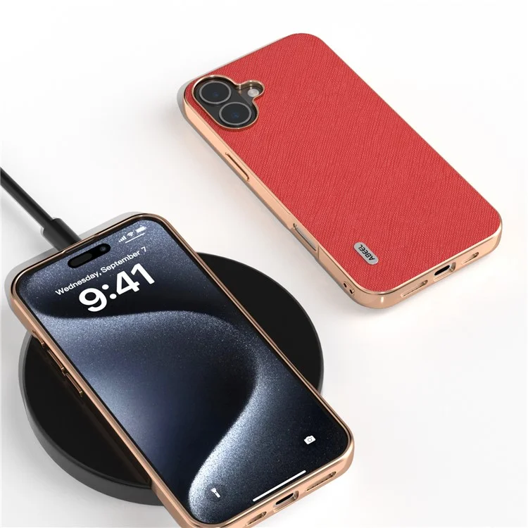 Abeel Para Iphone 16 Case Electroplatando Teléfono Textura Cruzada de Cuero de Vaca Genuina+tpu Protective Case - Rojo