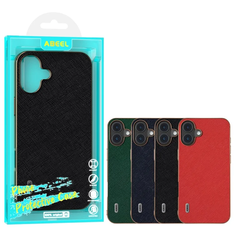 Abeel Para Iphone 16 Case Electroplatando Teléfono Textura Cruzada de Cuero de Vaca Genuina+tpu Protective Case - Rojo