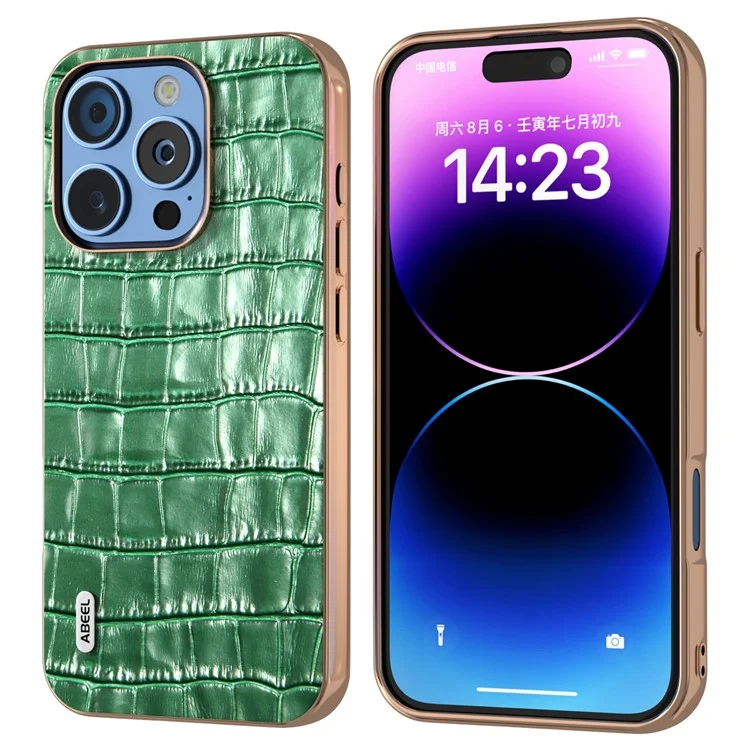 ABEEL For iPhone 16 Pro Max Case Electroplating Phone Cover Crocodile Texture Genuine Cow Leather+TPU Protective Case - Green
