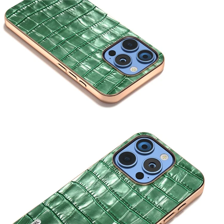 ABEEL For iPhone 16 Pro Max Case Electroplating Phone Cover Crocodile Texture Genuine Cow Leather+TPU Protective Case - Green