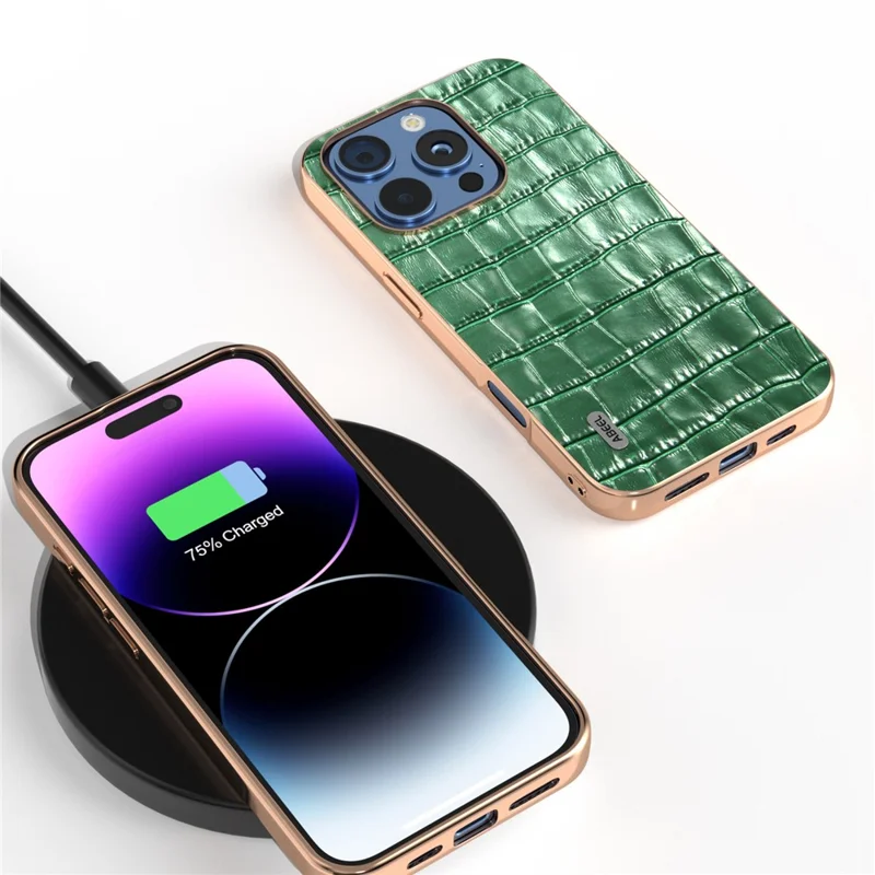 Abeel Per Iphone 16 Pro Case Electroplating Cover Telefon Crocodile Texture Genuine Cow in Pelle di Mucca+tpu Custodia Protettiva - Verde