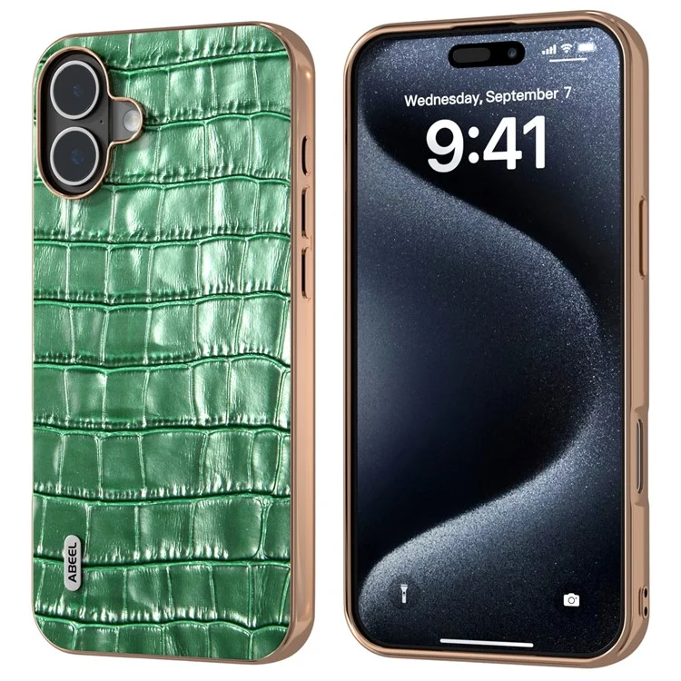 Abiel For Iphone 16 Case Case Copher Cope Crocodile Texture Подлинная Корова Корова+tpu Защитный Корпус - Зеленый