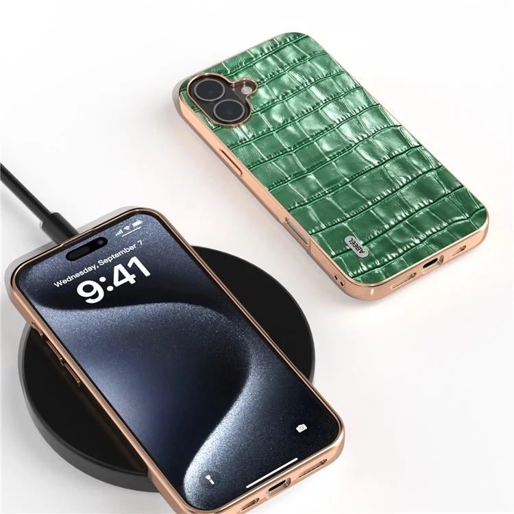 Abiel For Iphone 16 Case Case Copher Cope Crocodile Texture Подлинная Корова Корова+tpu Защитный Корпус - Зеленый