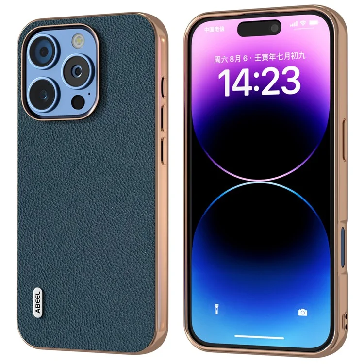 ABEEL Pour Iphone 16 Pro Max Case Electroplate Téléphone Cover Horizon Series Genuine Cow Leather + Tpu Case de Protection Tpu - Vert