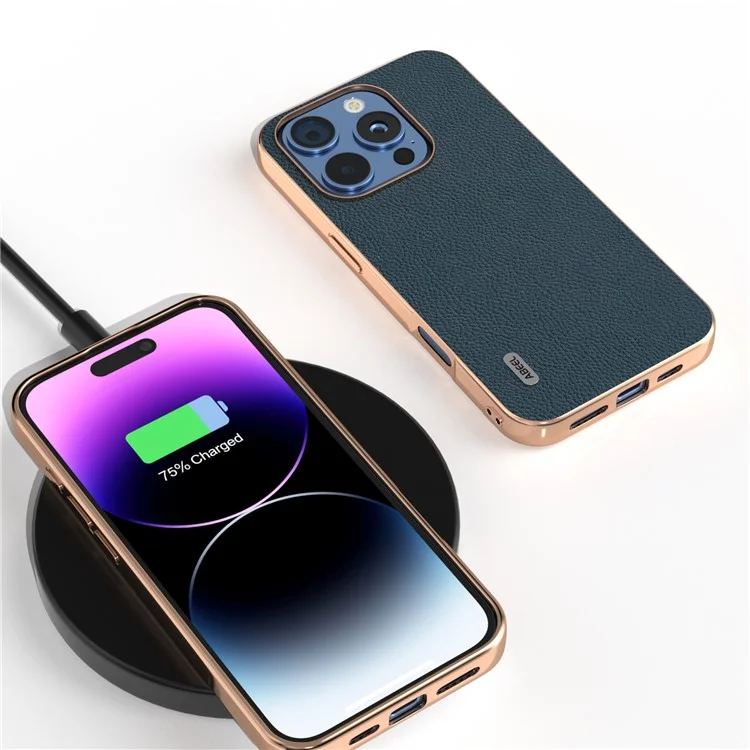ABEEL Pour Iphone 16 Pro Max Case Electroplate Téléphone Cover Horizon Series Genuine Cow Leather + Tpu Case de Protection Tpu - Vert
