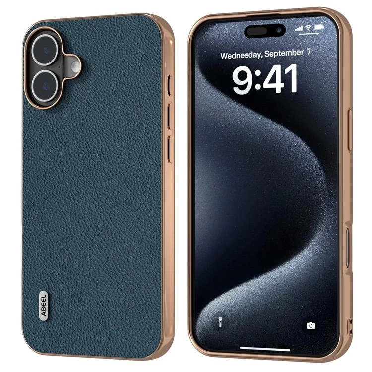 ABEEL Pour Iphone 16 Plus Case Electroplate Téléphone Cover Horizon Series Horizon Genuine Cow Leather + Tpu Case de Protection Tpu - Vert