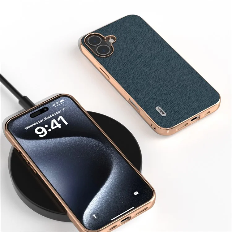 ABEEL Pour Iphone 16 Plus Case Electroplate Téléphone Cover Horizon Series Horizon Genuine Cow Leather + Tpu Case de Protection Tpu - Vert