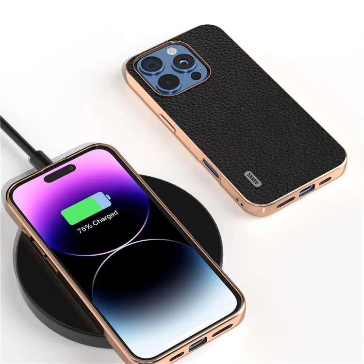 Abeel Para Iphone 16 Pro Max Case Electroplatando Phone Cover Serie Star Series Genuina de Cuero de Vaca+tpu Protective Case - Negro