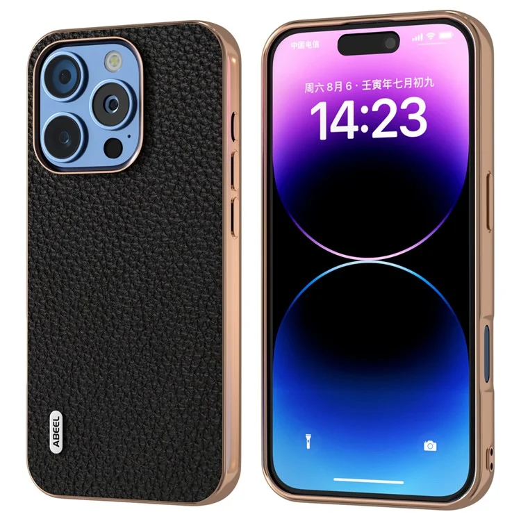 Abeel Para Iphone 16 Pro Case Electroplatando Phone Cover Serie Star Series Genuina de Cuero de Vaca+tpu Protective Case - Negro