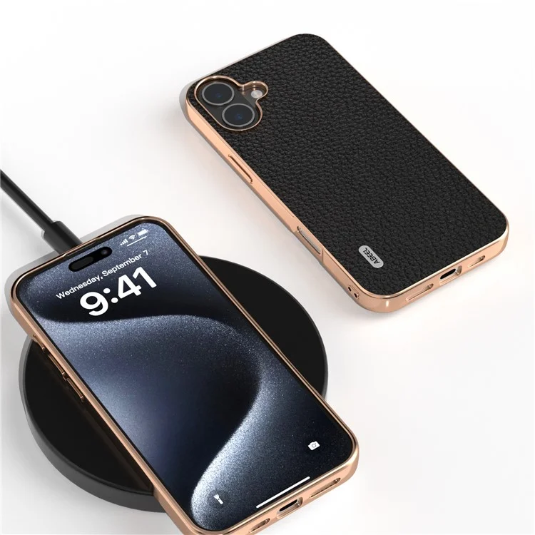 Abeel Per Iphone 16 Plus Case Electroplating Cover Star Series Guida in Pelle di Mucca+custodia Protettiva Tpu - Nero