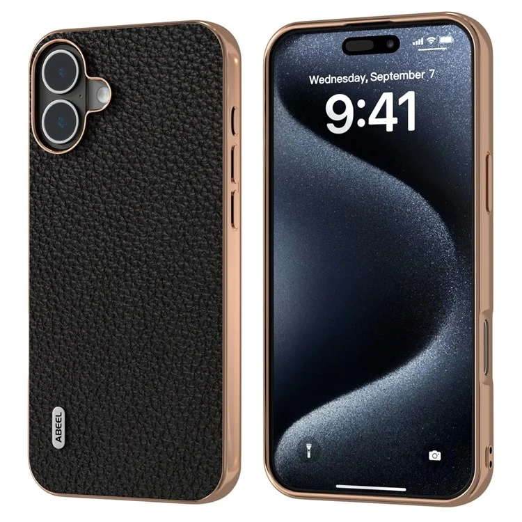 Abeel Para Iphone 16 Case Electroplatando Phone Cover Serie Star Series Genuina de Cuero de Vaca+tpu Protective Case - Negro